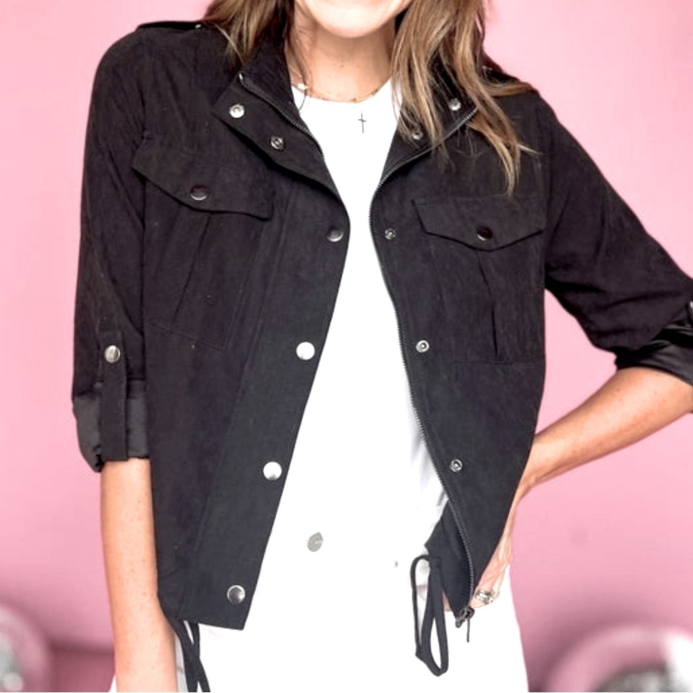 BNWT BLACK BUTTON UP JACKET WITH DRAWSTRING WAIST